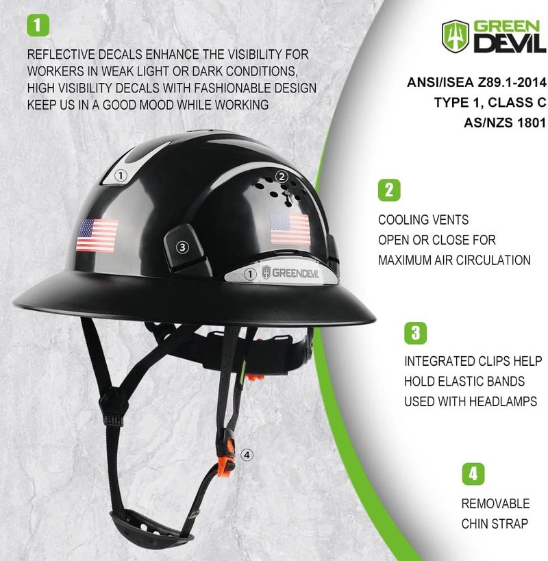 GREEN DEVIL Full Brim Hard Hat Vented Construction Safety Helmet OSHA Approved Cascos De Construccion Work Hardhats with Cooling Towel for Men&Women 6 Point Adjustable Ratchet Suspension - Image 3